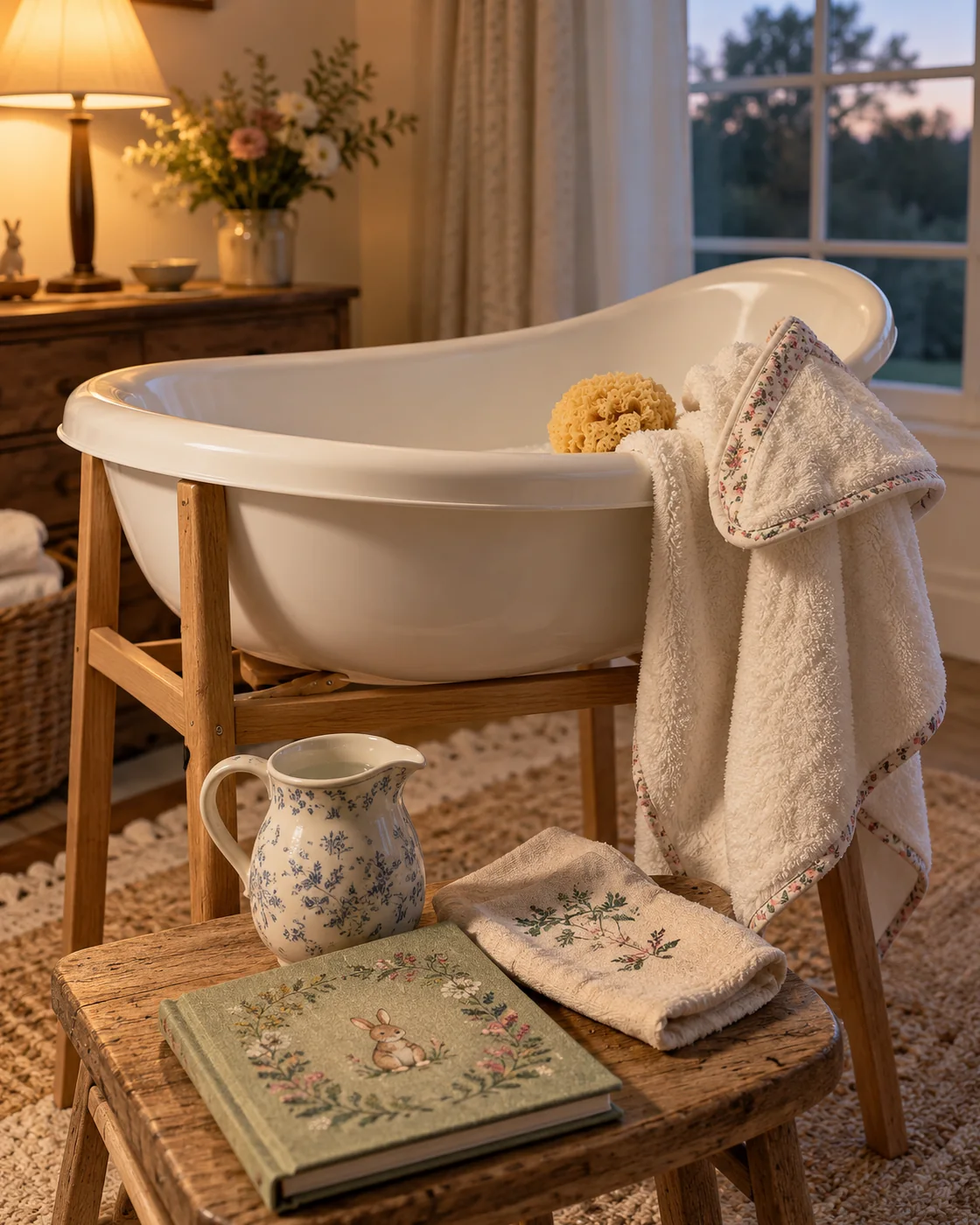 A small baby bath on a wooden stand with a hooded towel, a sponge and a jug in lamplight