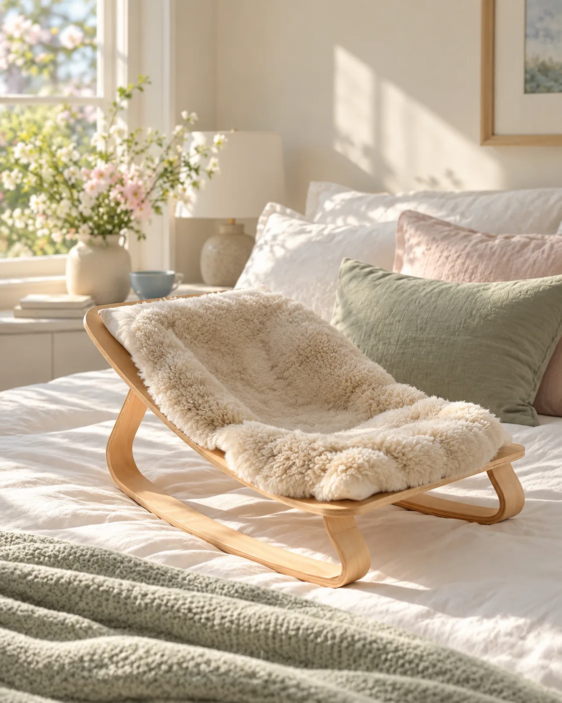 A bright suite prepared for a newborn: a wooden baby bouncer with a soft sheepskin on a neatly made bed