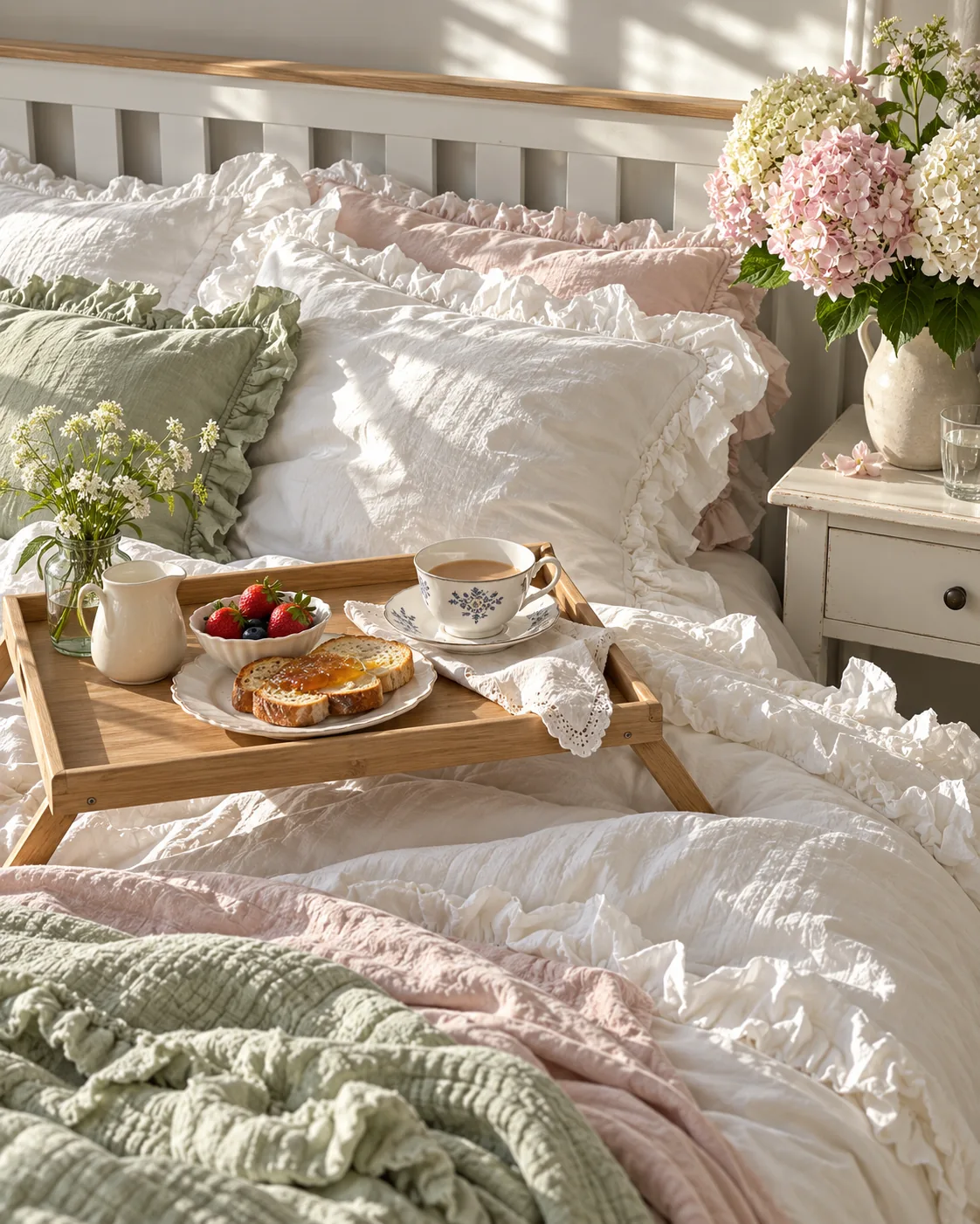 A breakfast tray with tea and toast on a white ruffled bed, fresh hydrangeas on the bedside table