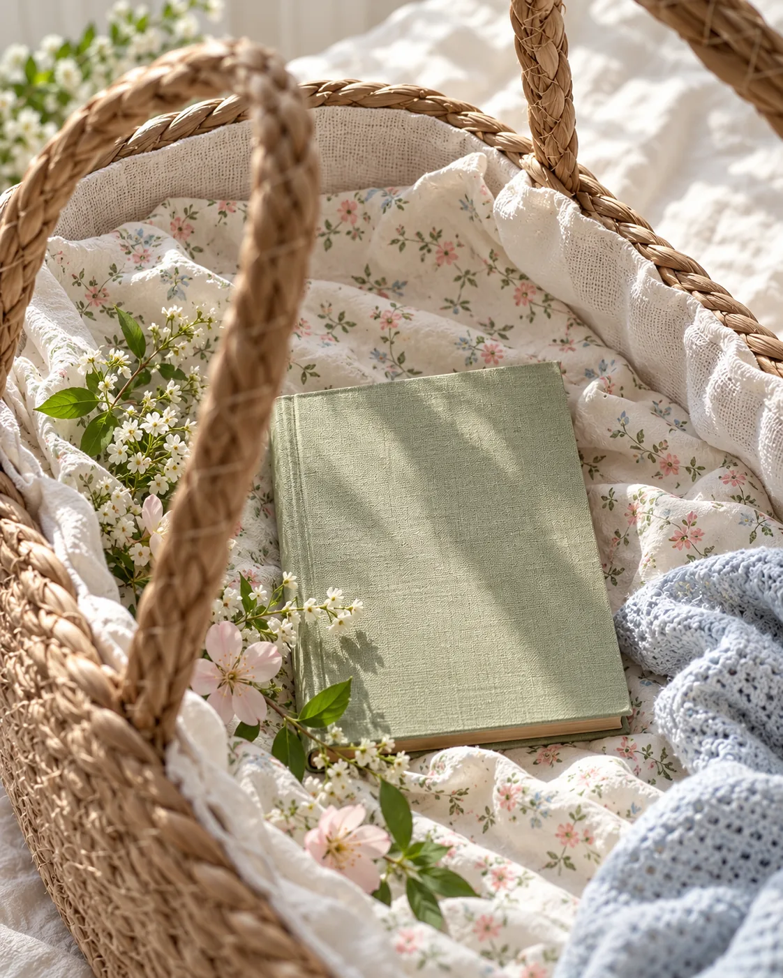 A cloth-bound storybook resting in a woven Moses basket lined with a small floral print