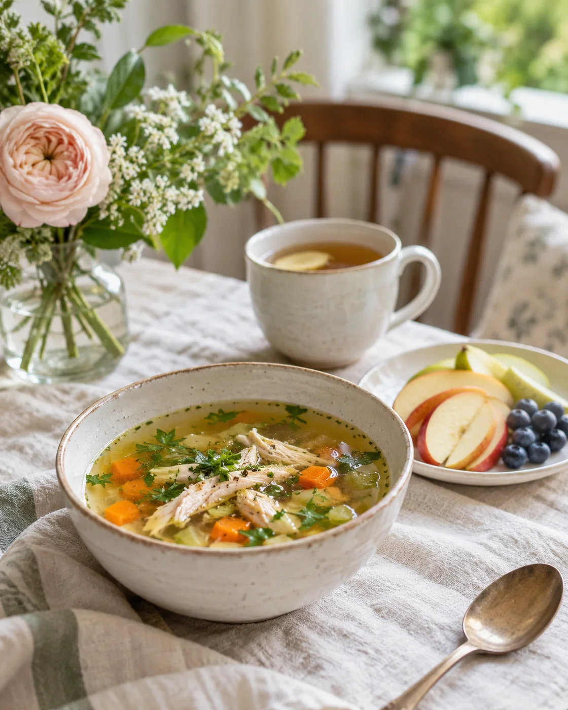 A bowl of chicken and vegetable broth with herbs, sliced fruit and a cup of ginger tea on a linen table
