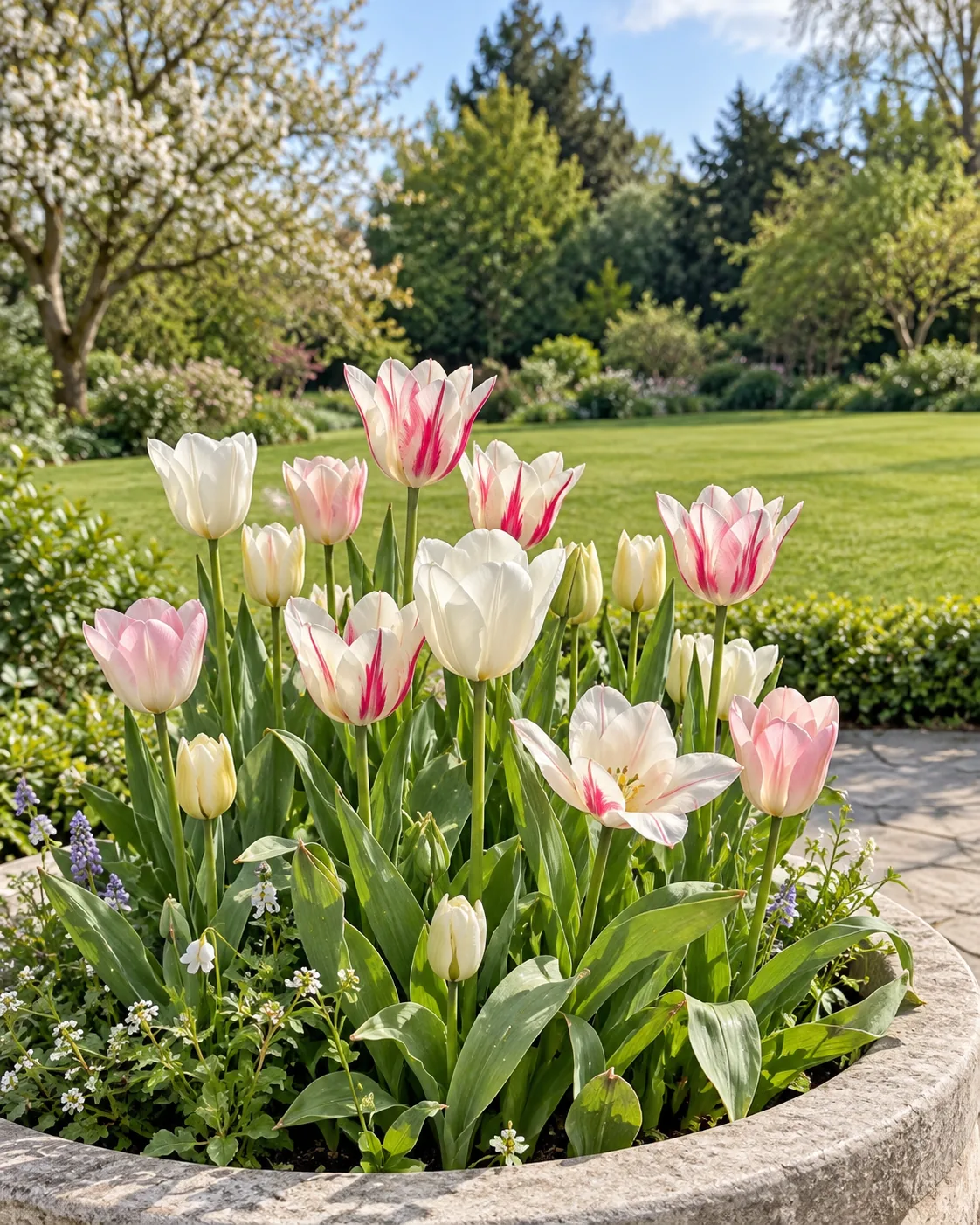 White and pink tulips in a round stone planter beside a fresh green lawn